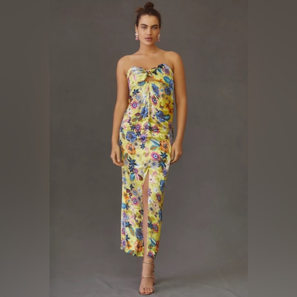 Anthropologie Floral Silk Twist-Front Midi Strapless Dress